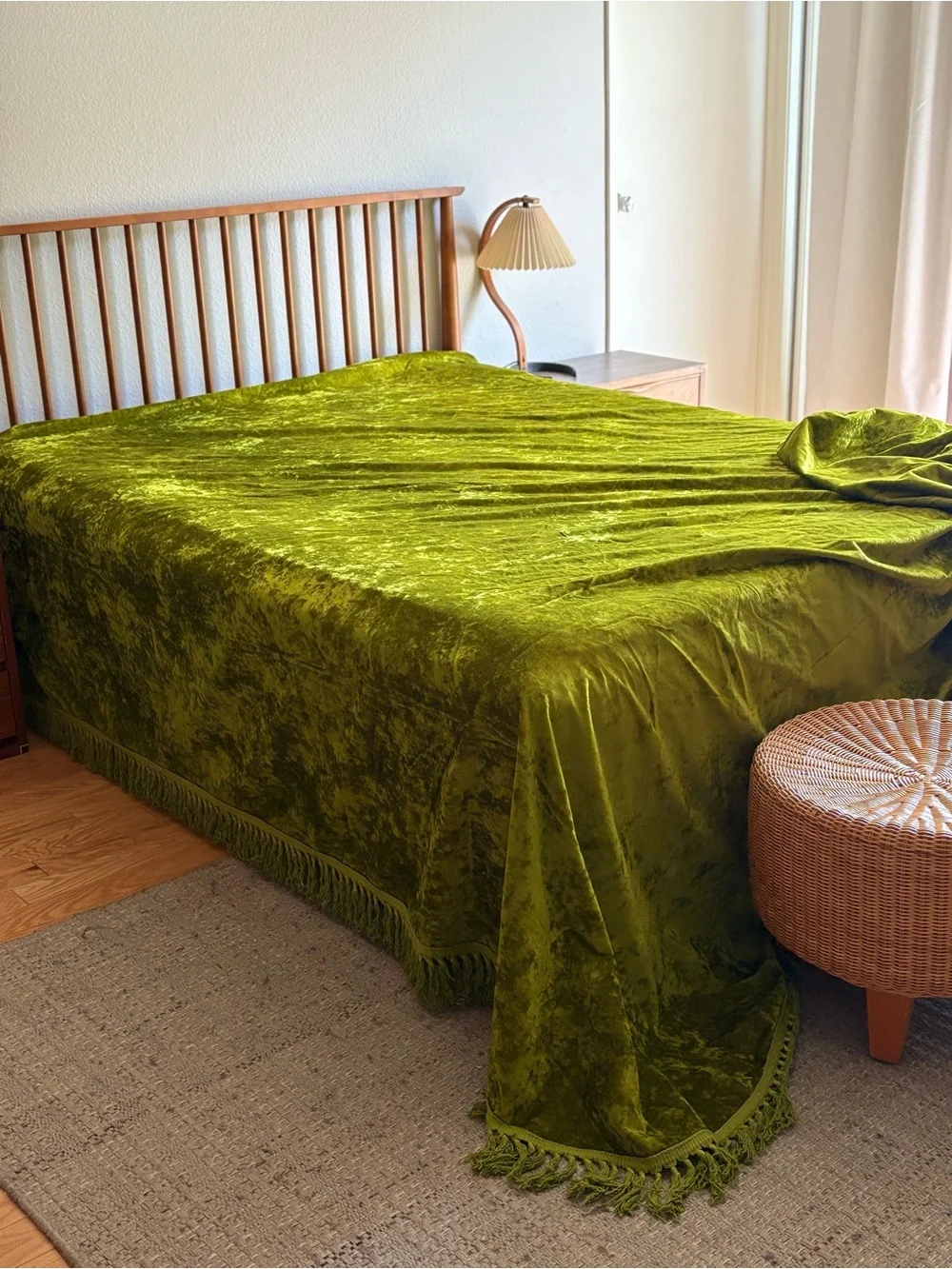 Vintage MCM Bedspread Plush Velvet Bedspread in Olive Green with Fringe